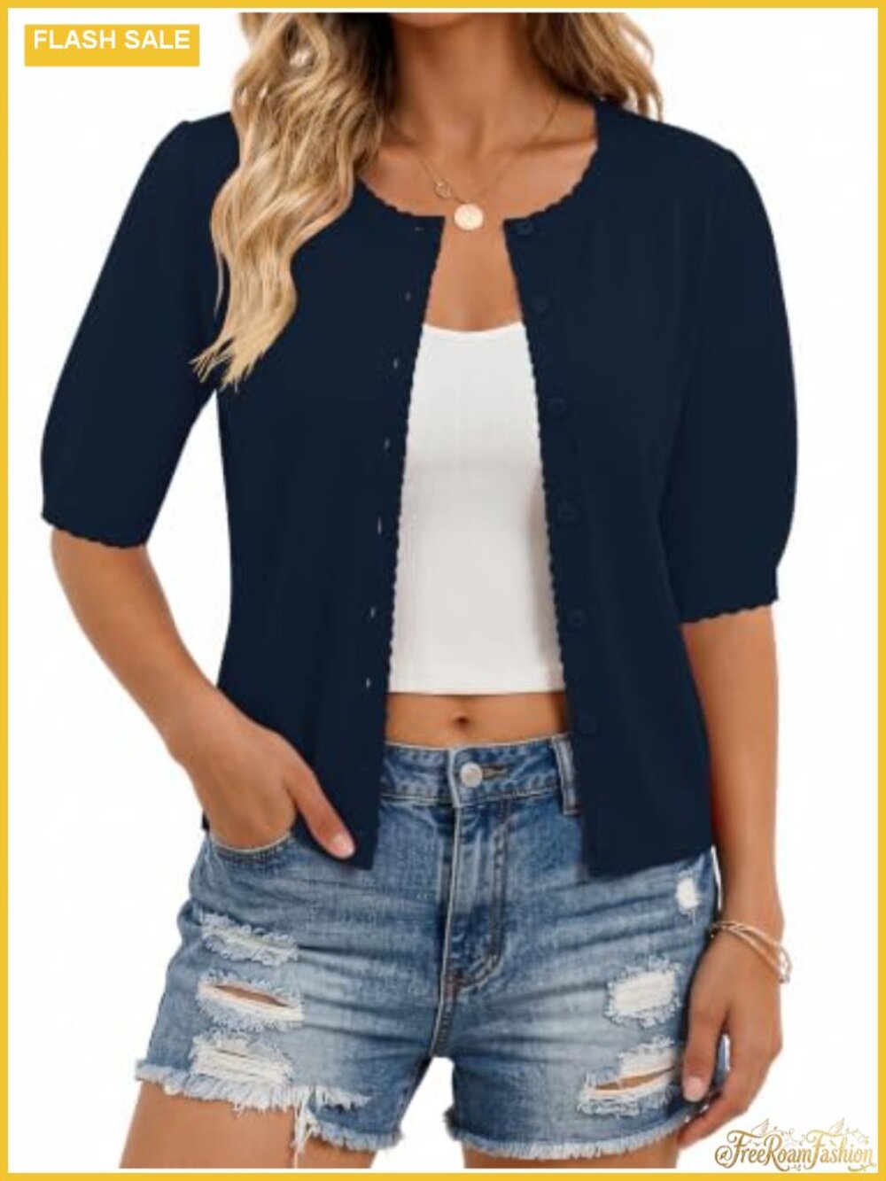 Short Sleeve Cropped Cardigan Lightweight Summer Knit Scalloped Sweater